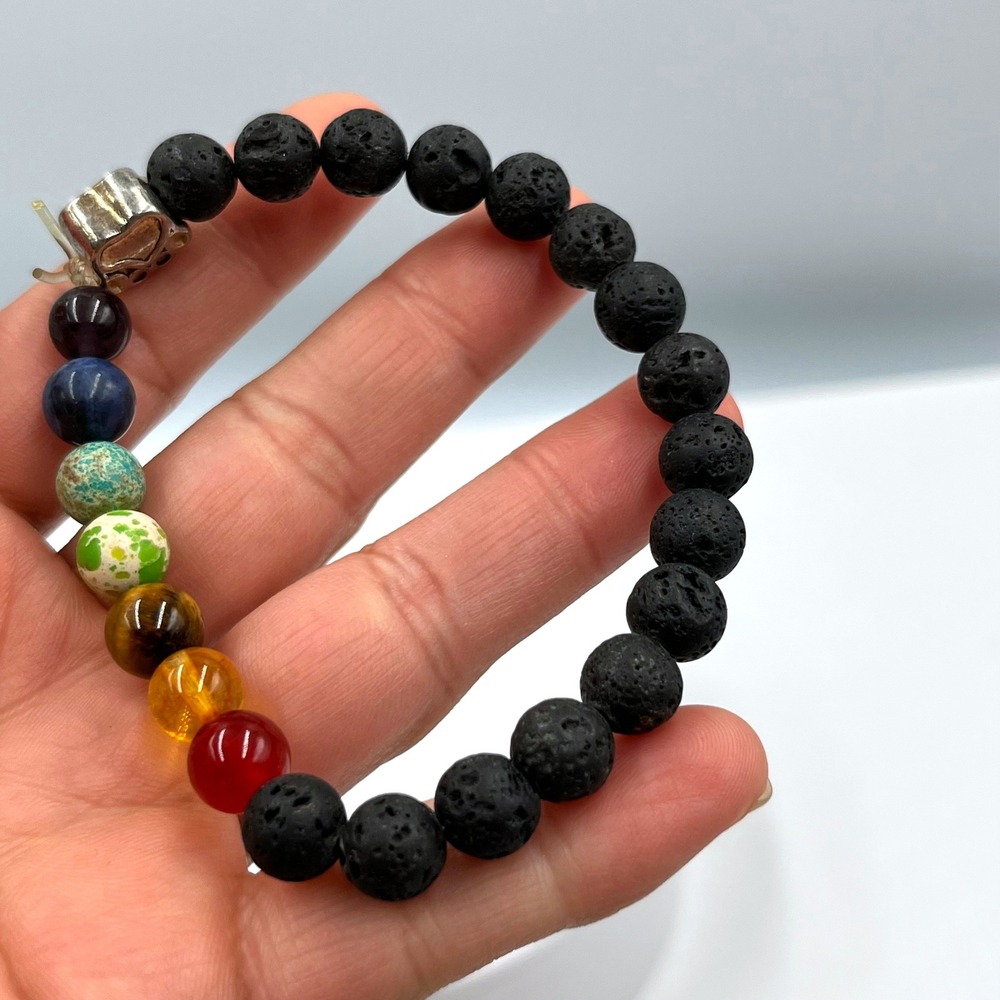 Vintage‎ Lava Stone & Multicolor Gemstone Beaded Stretch Bracelet With Paw Charm